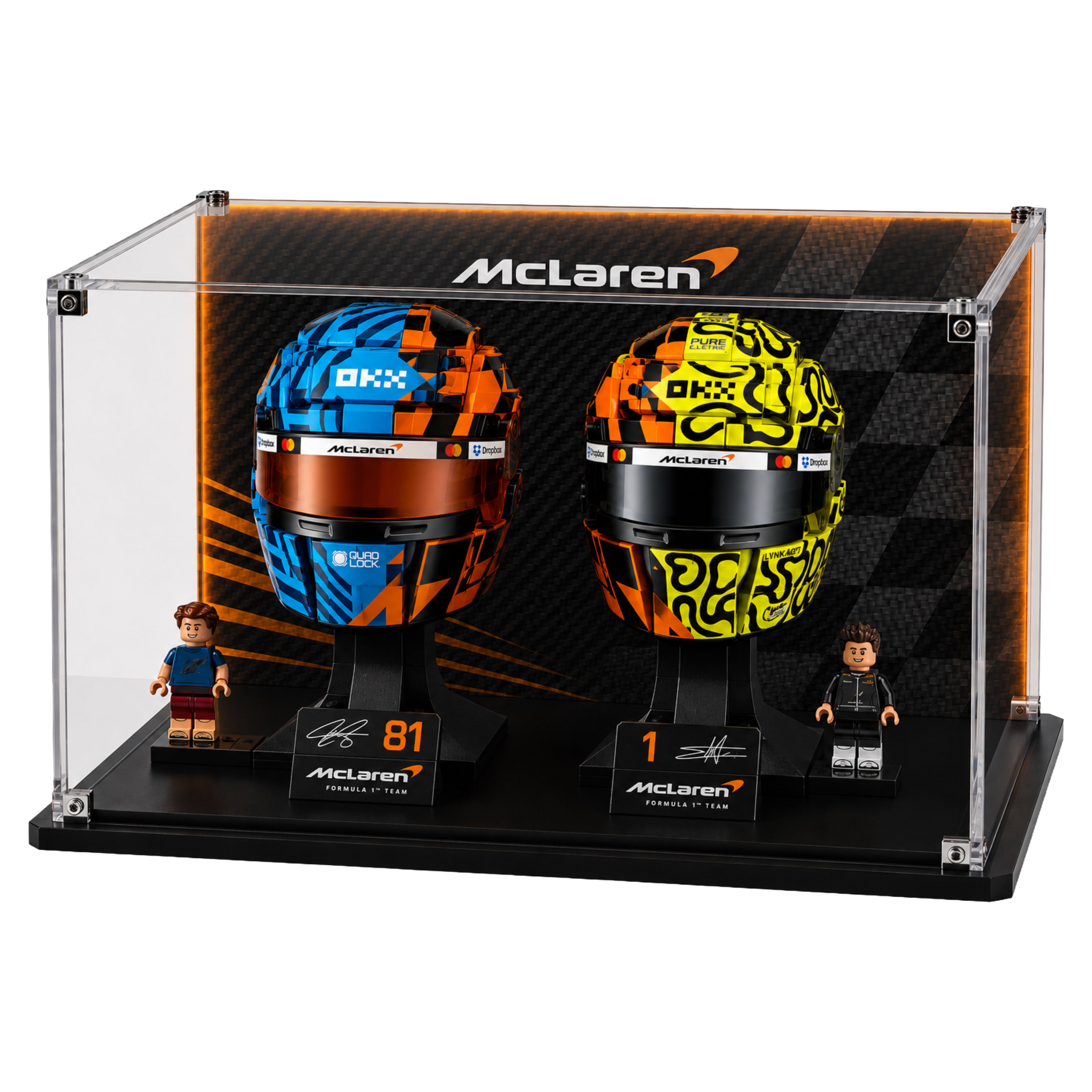 Display Case For LEGO® Mclaren Lando Norris Helmet (43023) & Oscar Piastri Helmet (43017)